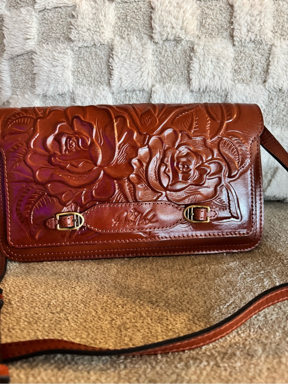 Patricia Nash Embossed Floral Leather Crossbody in Chestnut Brown